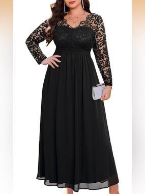 Talisea Plus Size Formal Dress Gala Elegant Black V NeckLace Chiffon 14W/911-12